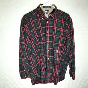 Tommy Hilfiger Shirt Mens M Plaid Green Red Flannel Vintage Cotton Logo Taiwan